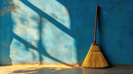 A striking image showcasing a traditional broom leaning against a vivid blue wall. The warm sunlight casts captivating shadows, creating a serene atmosphere.の素材