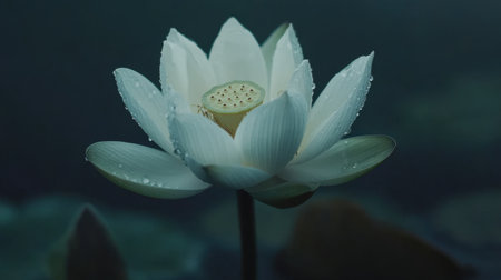 A stunning close-up of a white lotus flower, adorned with glistening water droplets, set against a tranquil pond background. Perfect for nature lovers.の素材