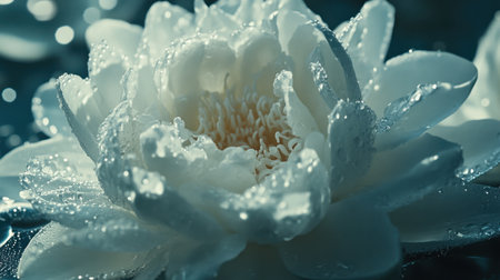 A stunning close-up of a white water lily showcasing intricate petals adorned with glistening water droplets, creating a serene and tranquil atmosphere.の素材