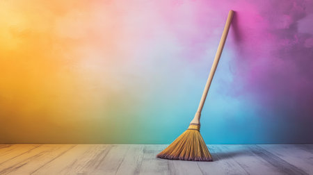 A broom leans against a colorful, gradient wall on a wooden floor, creating a fresh and vibrant atmosphere ideal for cleaning concepts and home decor.の素材