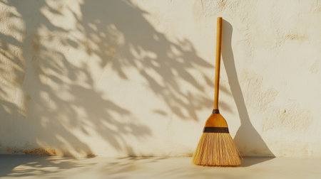 A wooden broom stands alone against a textured white wall, its long handle casting shadows in the soft morning light, creating a serene and minimalist scene.の素材