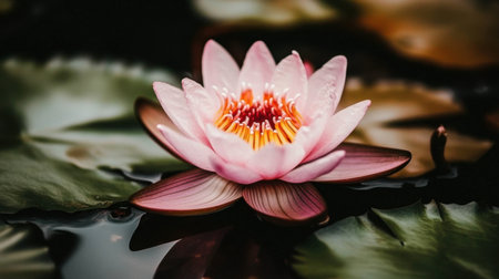 A stunning pink water lily blooms gracefully in a tranquil pond, its vibrant petals reflecting in the calm water. Surrounded by lush green leaves, this image captures the essence of serenity and natural beauty.の素材