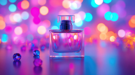 This artistic image features an elegant perfume bottle surrounded by colorful bokeh lights, creating a vibrant and enchanting atmosphere suitable for beauty promotion.の素材