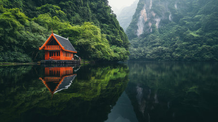 A vibrant orange house sits on a calm lake, reflecting the lush green mountains that surround it. This tranquil scene captures nature's serenity, perfect for escape.の素材