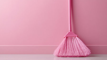 A soft pink broom rests against a matching pink wall, perfect for adding a touch of style to cleaning routines and modern home decor projects.の素材