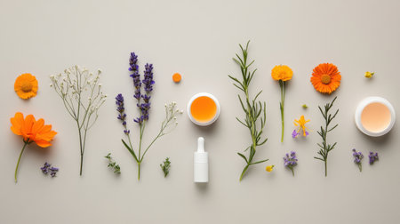 Aesthetic flat lay of vibrant flowers and natural ingredients for skincare, showcasing the essence of wellness and beauty with fresh botanical elements.の素材