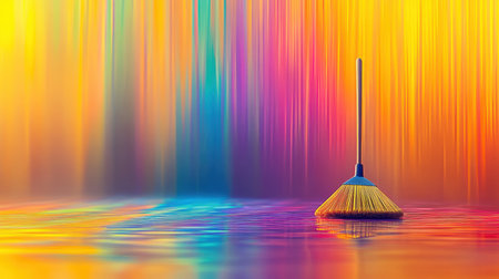 A striking image featuring a broom standing in colorful water, surrounded by a vibrant abstract background that creates an artistic and surreal atmosphere.の素材