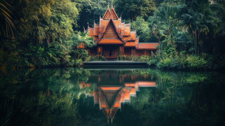 A beautiful traditional Thai pavilion stands gracefully by the water, surrounded by lush greenery. The tranquil reflection creates a serene atmosphere, perfect for relaxation and nature appreciation.の素材