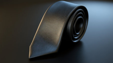 This image features an elegant black tie expertly rolled on a dark surface, capturing the essence of professionalism and modern business attire.の素材