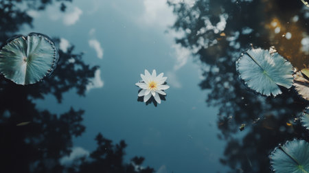 This serene image captures a single water lily blooming on a calm pond surface, surrounded by green lily pads and soft reflections of nature, evoking tranquility and peace.の素材