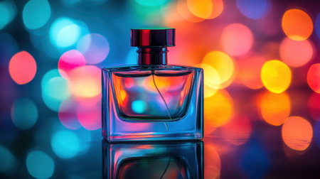 Captivating perfume bottle displayed against a backdrop of vibrant bokeh lights, creating a stunning contrast that evokes elegance and luxury.の素材