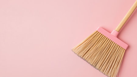 A minimalist image featuring a broom with a pink handle against a soft pink background, perfect for themes of cleaning, home decor, and organization.の素材