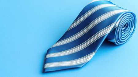 Capture the essence of elegance with this detailed image of a blue striped tie rolled neatly on a light blue background, perfect for fashion presentations.の素材
