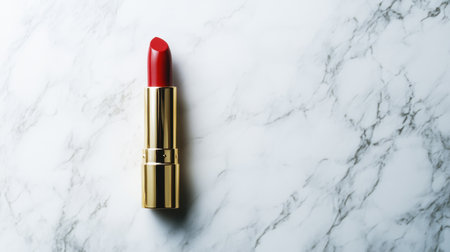 A striking bold red lipstick rests on a smooth marble surface, showcasing its elegant design and vibrant color; perfect for beauty and fashion photography.の素材