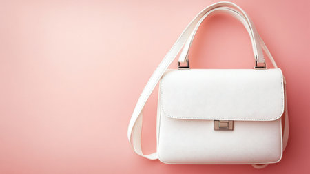 This image features an elegant white handbag placed on a soft pink background, showcasing its sleek design and appeal as a fashionable accessory for women.の素材