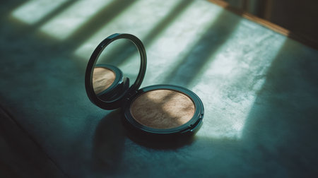 A captivating still life of a makeup compact featuring a mirror, showcasing beautiful light reflections and soft shadows on a stylish surface.の素材