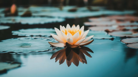 A stunning water lily floats gracefully on a tranquil pond, its delicate petals unfolding in soft sunlight. This serene scene captures nature's beauty and harmony.の素材