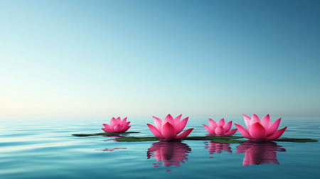 A stunning visual of pink lotus flowers gracefully floating on serene water. The scene evokes feelings of tranquility and natural beauty, perfect for relaxation themes.の素材