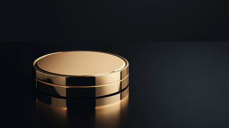 A stunning gold circular object featuring a smooth surface reflecting light on a dark background, ideal for elegant design and luxury themes.の素材