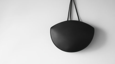 A sleek black handbag is elegantly displayed hanging on a white wall, illustrating minimalist design and modern fashion trends. Ideal for stylish accessory photography.の素材