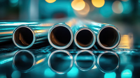 This image showcases a close-up view of metallic pipes arranged in a row, reflecting their surroundings against a bokeh background, enhancing the industrial theme.の素材