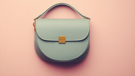 A stylish light blue handbag showcased on a soft pink background, featuring a sleek design and gold accent, ideal for fashion and accessory concepts.の素材
