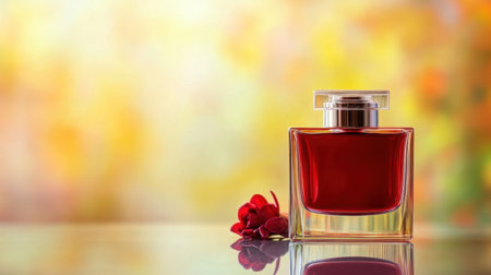 Stunning red perfume bottle placed next to a delicate flower, set against a colorful and soft bokeh background, capturing beauty and elegance.の素材