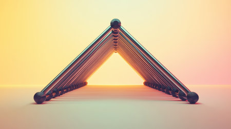 A striking abstract visualization featuring a geometric arrangement of metallic rods forming a triangular shape, set against a soft pastel gradient background.の素材
