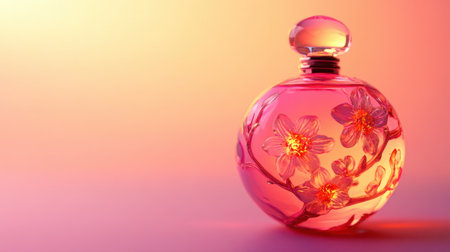 This captivating image features a finely designed floral perfume bottle with a pink liquid, set against a vibrant gradient background. The intricate details evoke a sense of elegance and beauty.の素材