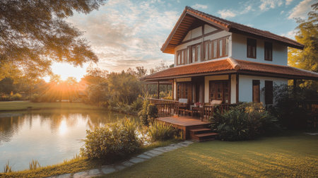 A picturesque lakeside house captures a serene sunset, surrounded by lush greenery and reflecting calm waters, creating a peaceful retreat in nature.の素材
