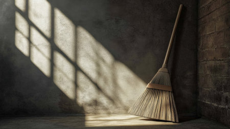 A vintage broom rests against a textured wall, illuminated by soft sunlight filtering through a window, casting beautiful shadows and evoking a sense of tranquil simplicity.の素材