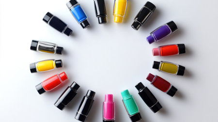 This visually striking image showcases an array of colorful nail polish bottles arranged in a perfect circle on a white background. Perfect for beauty themes.の素材