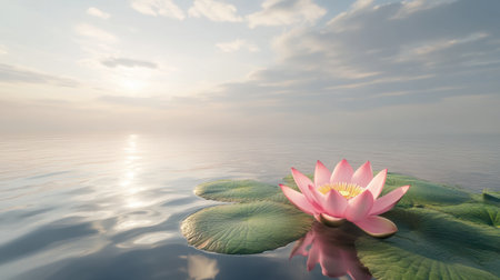 A stunning water lily gracefully floats on a tranquil lake at sunrise, casting soft reflections on the calm surface and creating a serene atmosphere.の素材