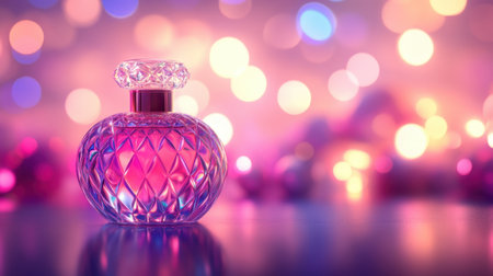 A stunning perfume bottle illuminated by colorful bokeh lights creates a captivating scene of elegance and beauty, perfect for showcasing luxury products.の素材