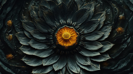 This captivating floral design showcases a central yellow blossom surrounded by dark textured petals, creating an artistic and moody atmosphere.の素材