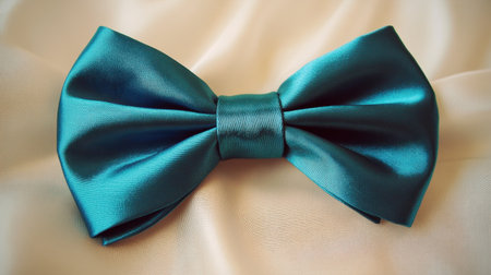 A stunning blue satin bow tie laid gracefully on a soft cream fabric background, ideal for fashion photography, formal events, or costume styling.の素材
