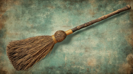 A rustic broom featuring natural bristles and a wooden handle, set against a textured vintage background full of character and warmth.の素材