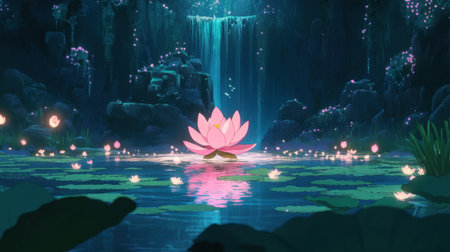 A stunning depiction of a pink lotus flower gracefully floating on calm water, illuminated by soft light, surrounded by lush greenery and a gentle waterfall.の素材