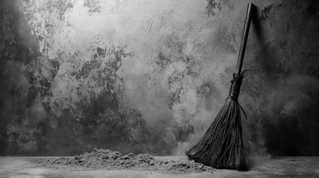 A rustic broom stands against a textured wall, capturing the essence of cleanliness and simplicity in a monochrome setting. The scattered dust evokes a sense of calm and minimalism.の素材