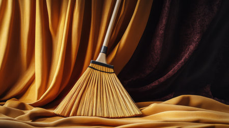 A captivating still life featuring a broom resting against luxurious satin drapery, showcasing rich gold and deep red tones, perfect for themed decor or artistic projects.の素材