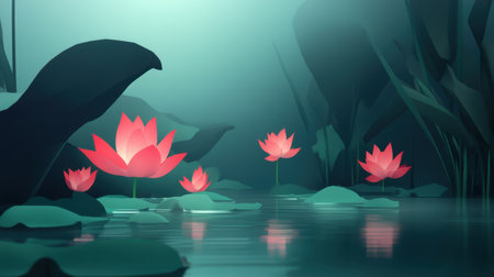This artistic depiction showcases vibrant water lilies floating gracefully on a calm pond, surrounded by lush greenery and soft light.の素材