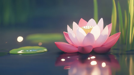 A stunning pink and white lotus flower rests gracefully on a serene water surface, surrounded by lush greenery. The gentle reflections and soft light create a tranquil atmosphere, perfect for evoking feelings of peace and beauty in nature.の素材
