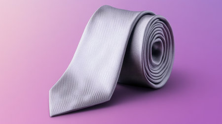 This image features a rolled lavender tie showcasing a smooth texture on a soft gradient background, perfect for fashion-focused marketing and promotional materials.の素材