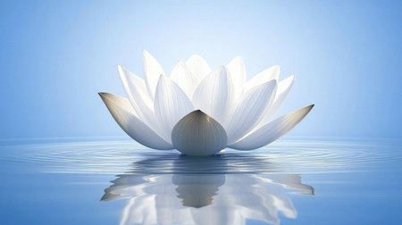 This image features a stunning white lotus flower gracefully floating on calm water, surrounded by a soft blue background. The scene evokes feelings of peace and tranquility.の素材