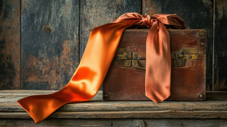 This image features a rustic wooden box elegantly decorated with a vibrant orange satin ribbon, set against a weathered vintage background. Perfect for showcasing warmth and charm in various creative projects.の素材