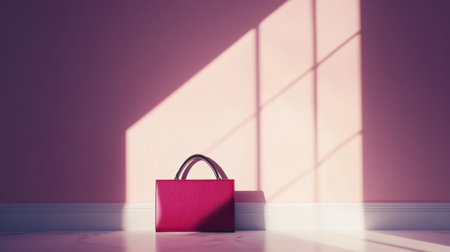 A stunning pink handbag rests against a softly colored wall, illuminated by natural light, creating captivating shadows and an elegant atmosphere.の素材