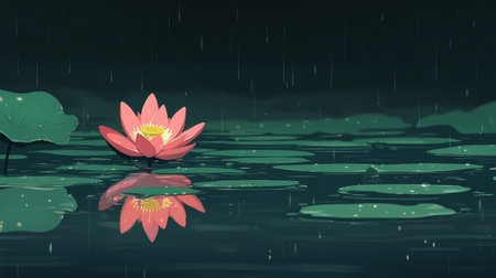 This captivating image features a pink lotus flower gracefully floating on a tranquil pond, surrounded by green lily pads. Soft rain creates a serene atmosphere, enhancing the beauty of reflections on the water's surface. Ideal for nature lovers and artistic themes, this artwork conveys peace and elegance.の素材