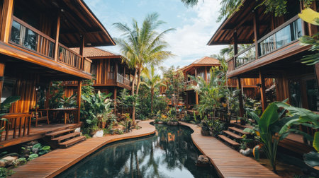 Explore a serene resort courtyard featuring beautiful wooden villas surrounded by vibrant tropical plants and a peaceful water pathway under a clear sky.の素材