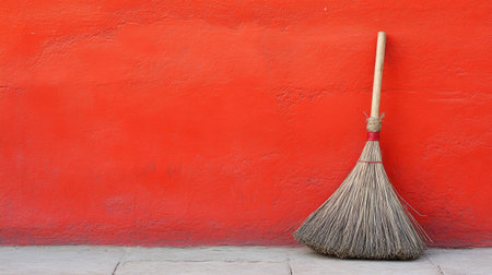 A rustic broom stands against a striking red wall, creating a bold visual impact. This minimalist composition highlights themes of cleaning and maintenance.の素材