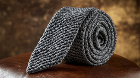 A beautifully rolled grey knitted tie rests on a classic leather surface, showcasing intricate texture and craftsmanship that elevate any outfit.の素材